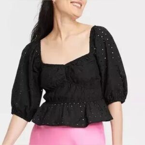 A New Day Puff Sleeve Eyelet Crop Black Blouse Women’s Size XS